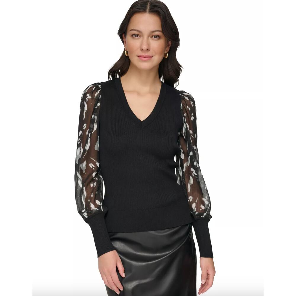 DKNY Women's Chiffon-Sleeve V-Neck Sweater Ribbed Black Size Medium Floral